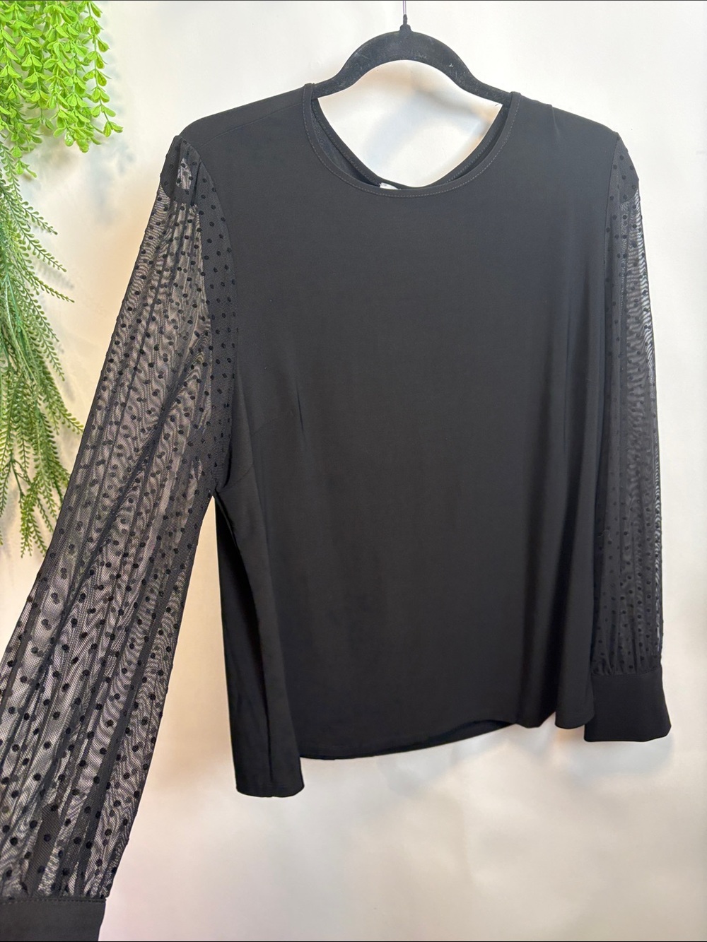 Anne Klein Black Long Sleeve Top with Sheer Dotted Sleeves